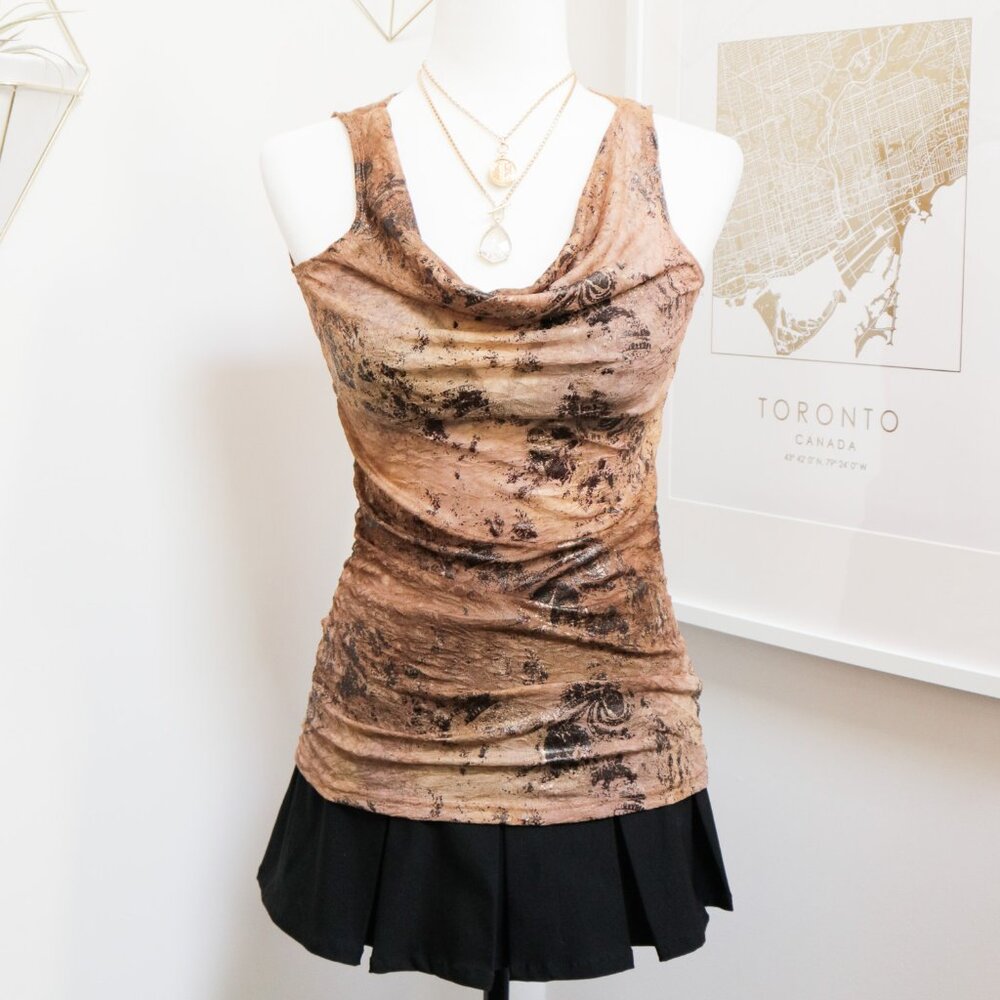 Beige Distressed Look Cowl Neck Top 🕰️ SUZY SHIER - Picture 1 of 7